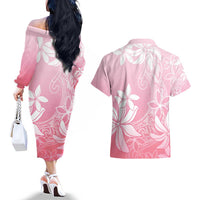 Tiare Tahiti Couples Matching Off The Shoulder Long Sleeve Dress and Hawaiian Shirt Pink Polynesia Motifs LT05 - Polynesian Pride