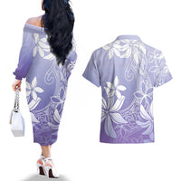 Tiare Tahiti Couples Matching Off The Shoulder Long Sleeve Dress and Hawaiian Shirt Purple Polynesia Motifs LT05 - Polynesian Pride
