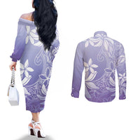 Tiare Tahiti Couples Matching Off The Shoulder Long Sleeve Dress and Long Sleeve Button Shirt Purple Polynesia Motifs LT05 - Polynesian Pride
