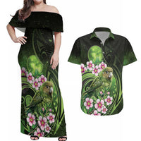 New Zealand Aotearoa Kakapo Couples Matching Off Shoulder Maxi Dress and Hawaiian Shirt Maori Pattern With Manuka Galaxy Style LT05 Green - Polynesian Pride