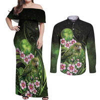 New Zealand Aotearoa Kakapo Couples Matching Off Shoulder Maxi Dress and Long Sleeve Button Shirt Maori Pattern With Manuka Galaxy Style LT05 Green - Polynesian Pride