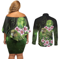 New Zealand Aotearoa Kakapo Couples Matching Off Shoulder Short Dress and Long Sleeve Button Shirt Maori Pattern With Manuka Galaxy Style LT05 - Polynesian Pride