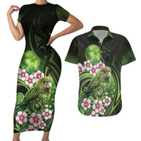 New Zealand Aotearoa Kakapo Couples Matching Short Sleeve Bodycon Dress and Hawaiian Shirt Maori Pattern With Manuka Galaxy Style LT05 Green - Polynesian Pride