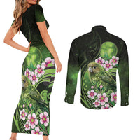 New Zealand Aotearoa Kakapo Couples Matching Short Sleeve Bodycon Dress and Long Sleeve Button Shirt Maori Pattern With Manuka Galaxy Style LT05 - Polynesian Pride