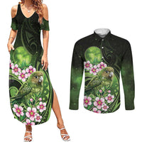 New Zealand Aotearoa Kakapo Couples Matching Summer Maxi Dress and Long Sleeve Button Shirt Maori Pattern With Manuka Galaxy Style LT05 Green - Polynesian Pride