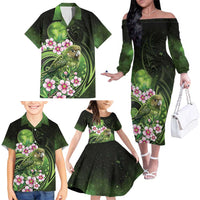 New Zealand Aotearoa Kakapo Family Matching Off The Shoulder Long Sleeve Dress and Hawaiian Shirt Maori Pattern With Manuka Galaxy Style LT05 - Polynesian Pride