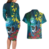 New Zealand Tui Bird Couples Matching Long Sleeve Bodycon Dress and Hawaiian Shirt Maori Koru With Pohutukawa Galaxy Style LT05 - Polynesian Pride