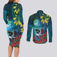 New Zealand Tui Bird Couples Matching Long Sleeve Bodycon Dress and Long Sleeve Button Shirt Maori Koru With Pohutukawa Galaxy Style LT05 - Polynesian Pride