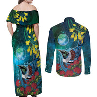 New Zealand Tui Bird Couples Matching Off Shoulder Maxi Dress and Long Sleeve Button Shirt Maori Koru With Pohutukawa Galaxy Style LT05 - Polynesian Pride