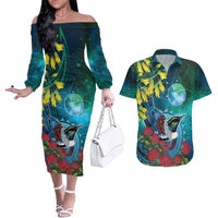 New Zealand Tui Bird Couples Matching Off The Shoulder Long Sleeve Dress and Hawaiian Shirt Maori Koru With Pohutukawa Galaxy Style LT05 Blue - Polynesian Pride
