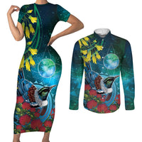 New Zealand Tui Bird Couples Matching Short Sleeve Bodycon Dress and Long Sleeve Button Shirt Maori Koru With Pohutukawa Galaxy Style LT05 Blue - Polynesian Pride