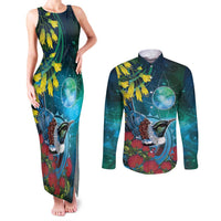 New Zealand Tui Bird Couples Matching Tank Maxi Dress and Long Sleeve Button Shirt Maori Koru With Pohutukawa Galaxy Style LT05 Blue - Polynesian Pride