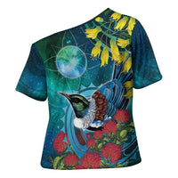 New Zealand Tui Bird Cross Shoulder Shirt Maori Koru With Pohutukawa Galaxy Style LT05 - Polynesian Pride