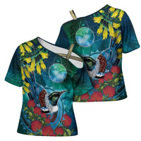 New Zealand Tui Bird Cross Shoulder Shirt Maori Koru With Pohutukawa Galaxy Style LT05 - Polynesian Pride