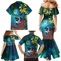 New Zealand Tui Bird Family Matching Mermaid Dress and Hawaiian Shirt Maori Koru With Pohutukawa Galaxy Style LT05 - Polynesian Pride