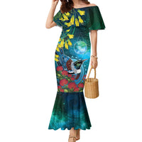 New Zealand Tui Bird Family Matching Mermaid Dress and Hawaiian Shirt Maori Koru With Pohutukawa Galaxy Style LT05 Blue - Polynesian Pride
