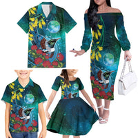 New Zealand Tui Bird Family Matching Off The Shoulder Long Sleeve Dress and Hawaiian Shirt Maori Koru With Pohutukawa Galaxy Style LT05 - Polynesian Pride