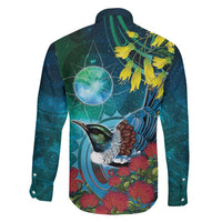 New Zealand Tui Bird Family Matching Off The Shoulder Long Sleeve Dress and Hawaiian Shirt Maori Koru With Pohutukawa Galaxy Style LT05 - Polynesian Pride