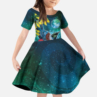 New Zealand Tui Bird Family Matching Off Shoulder Maxi Dress and Hawaiian Shirt Maori Koru With Pohutukawa Galaxy Style LT05 Daughter's Dress Blue - Polynesian Pride
