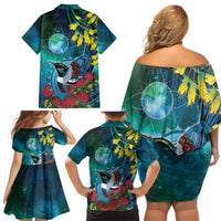 New Zealand Tui Bird Family Matching Off Shoulder Short Dress and Hawaiian Shirt Maori Koru With Pohutukawa Galaxy Style LT05 - Polynesian Pride