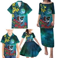 New Zealand Tui Bird Family Matching Puletasi and Hawaiian Shirt Maori Koru With Pohutukawa Galaxy Style LT05 - Polynesian Pride