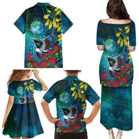 New Zealand Tui Bird Family Matching Puletasi and Hawaiian Shirt Maori Koru With Pohutukawa Galaxy Style LT05 - Polynesian Pride