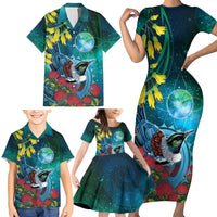 New Zealand Tui Bird Family Matching Short Sleeve Bodycon Dress and Hawaiian Shirt Maori Koru With Pohutukawa Galaxy Style LT05 - Polynesian Pride