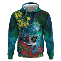New Zealand Tui Bird Hoodie Maori Koru With Pohutukawa Galaxy Style - Polynesian Pride