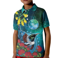 New Zealand Tui Bird Kid Polo Shirt Maori Koru With Pohutukawa Galaxy Style LT05 Kid Blue - Polynesian Pride
