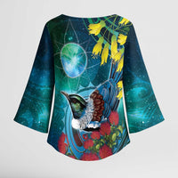 New Zealand Tui Bird Kimono Sleeve Blouse Maori Koru With Pohutukawa Galaxy Style LT05 - Polynesian Pride