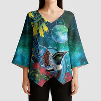 New Zealand Tui Bird Kimono Sleeve Blouse Maori Koru With Pohutukawa Galaxy Style LT05 - Polynesian Pride