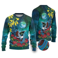 New Zealand Tui Bird Ugly Christmas Sweater Maori Koru With Pohutukawa Galaxy Style LT05 Blue - Polynesian Pride