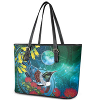 New Zealand Tui Bird Leather Tote Bag Maori Koru With Pohutukawa Galaxy Style LT05 - Polynesian Pride