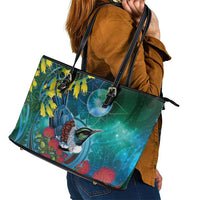 New Zealand Tui Bird Leather Tote Bag Maori Koru With Pohutukawa Galaxy Style LT05 - Polynesian Pride
