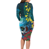 New Zealand Tui Bird Long Sleeve Bodycon Dress Maori Koru With Pohutukawa Galaxy Style LT05 - Polynesian Pride