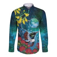 New Zealand Tui Bird Long Sleeve Button Shirt Maori Koru With Pohutukawa Galaxy Style LT05 Unisex Blue - Polynesian Pride