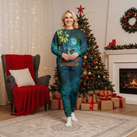 New Zealand Tui Bird Christmas Pajama Set Maori Koru With Pohutukawa Galaxy Style LT05 Women Blue - Polynesian Pride