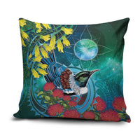 New Zealand Tui Bird Pillow Cover Maori Koru With Pohutukawa Galaxy Style LT05 Blue - Polynesian Pride