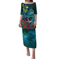 New Zealand Tui Bird Puletasi Maori Koru With Pohutukawa Galaxy Style LT05 Long Dress Blue - Polynesian Pride
