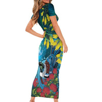 New Zealand Tui Bird Short Sleeve Bodycon Dress Maori Koru With Pohutukawa Galaxy Style LT05 - Polynesian Pride