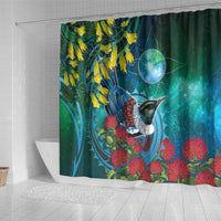 New Zealand Tui Bird Shower Curtain Maori Koru With Pohutukawa Galaxy Style LT05 - Polynesian Pride