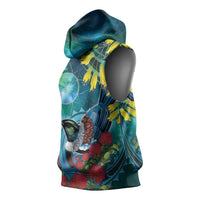 New Zealand Tui Bird Sleeveless Hoodie Maori Koru With Pohutukawa Galaxy Style LT05 - Polynesian Pride
