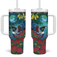New Zealand Tui Bird Tumbler With Handle Maori Koru With Pohutukawa Galaxy Style LT05 One Size: 40 oz Blue - Polynesian Pride