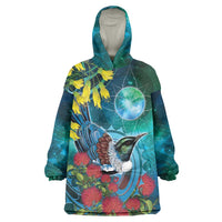 New Zealand Tui Bird Wearable Blanket Hoodie Maori Koru With Pohutukawa Galaxy Style LT05 One Size Blue - Polynesian Pride