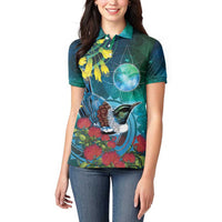 New Zealand Tui Bird Women Polo Shirt Maori Koru With Pohutukawa Galaxy Style - Polynesian Pride