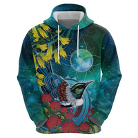 New Zealand Tui Bird Zip Hoodie Maori Koru With Pohutukawa Galaxy Style LT05 - Polynesian Pride