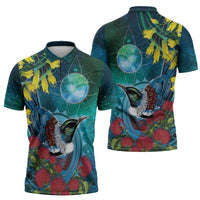 New Zealand Tui Bird Zipper Polo Shirt Maori Koru With Pohutukawa Galaxy Style LT05 - Polynesian Pride