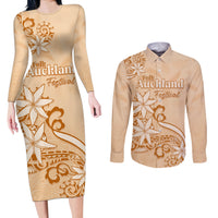 Personalised New Zealand Auckland Folk Festival Couples Matching Long Sleeve Bodycon Dress and Long Sleeve Button Shirt Vintage Style LT05 Brown - Polynesian Pride