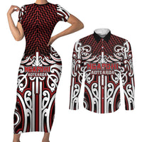Custom Aotearoa Ngapuhi Couples Matching Short Sleeve Bodycon Dress and Long Sleeve Button Shirt Maori Tribal Pattern Mix Poutama LT05 Red - Polynesian Pride