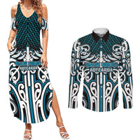 Custom Aotearoa Ngati Porou Couples Matching Summer Maxi Dress and Long Sleeve Button Shirt Maori Tribal Pattern Mix Poutama LT05 Blue - Polynesian Pride